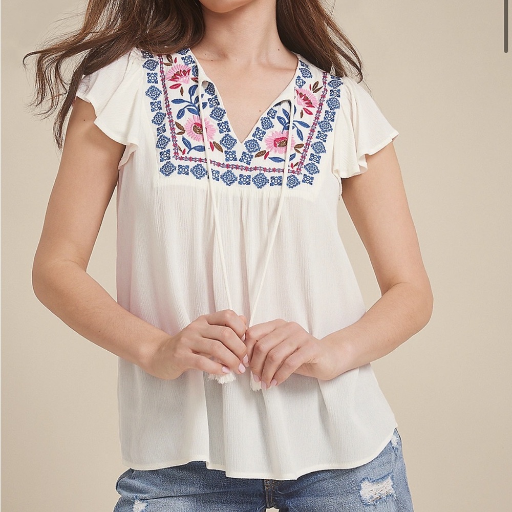 NWOT Maurices Embroidered Tie Front Blouse